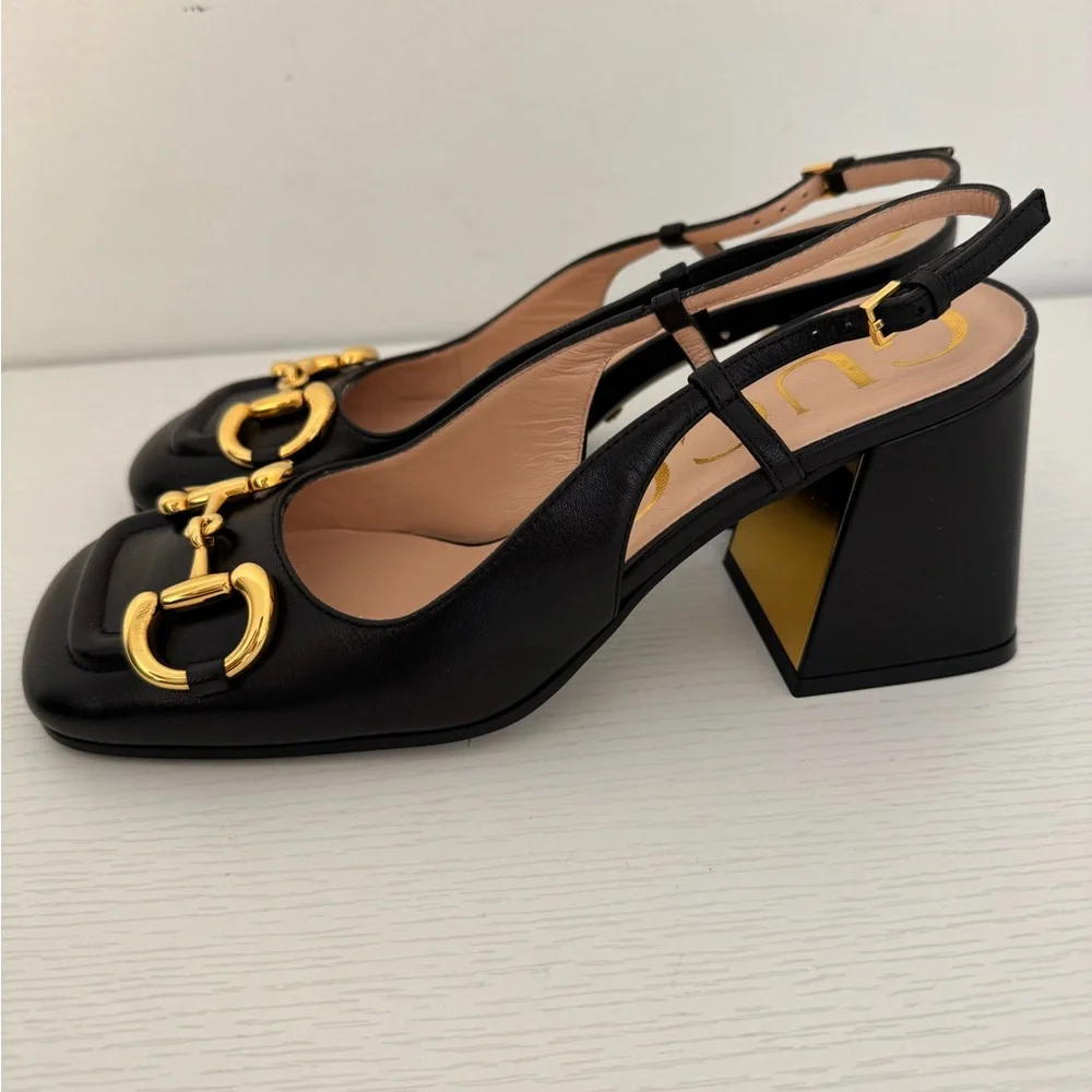 GUCCI Baby Horsebit Slingback Leather Pump Black Gold EU 36 Authentic Shoes - Picture 6 of 11